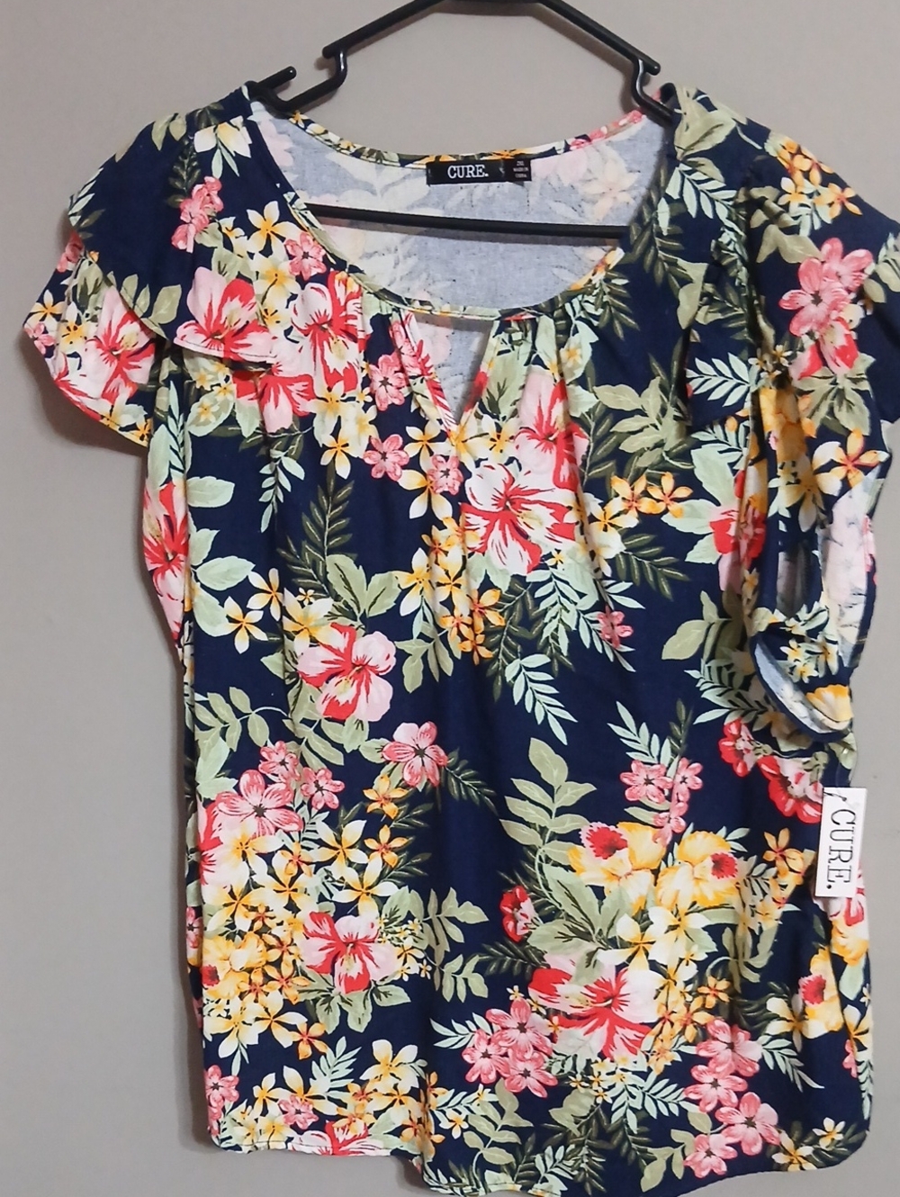 Cure Navy Floral Short-Sleeve Pullover Blouse